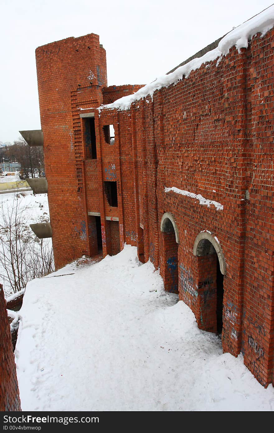 Graffiti ruined urban building winter blasted. Graffiti ruined urban building winter blasted