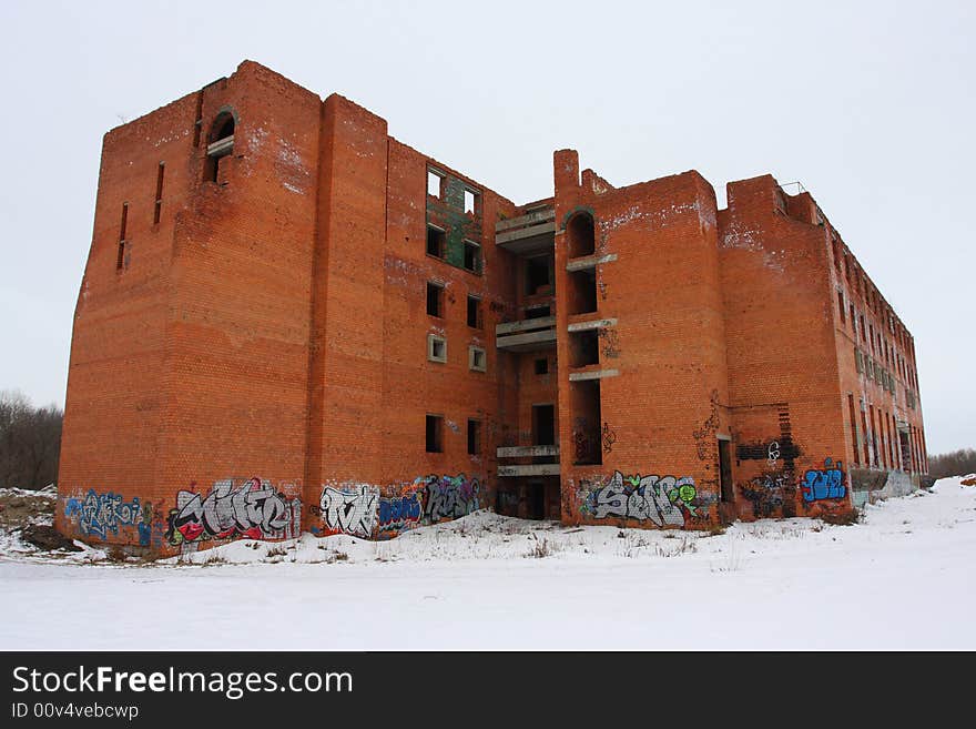 Graffiti ruined urban building winter blasted. Graffiti ruined urban building winter blasted