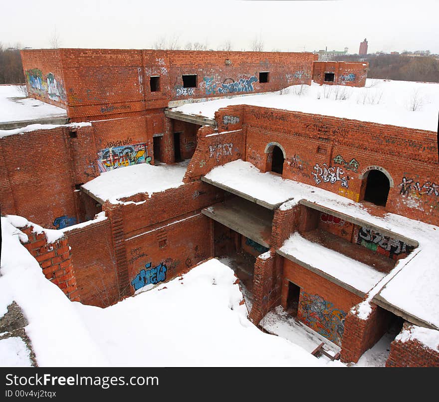 Graffiti ruined urban building winter blasted. Graffiti ruined urban building winter blasted