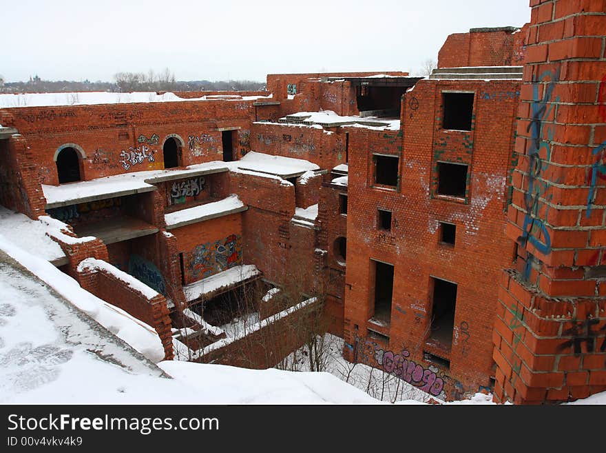 Graffiti ruined urban building winter blasted. Graffiti ruined urban building winter blasted