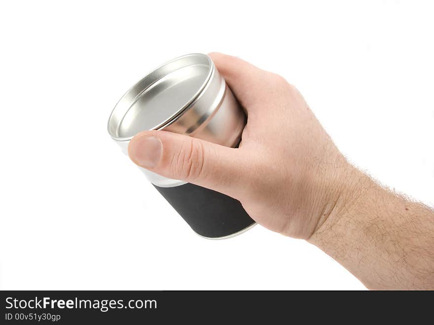 Aluminum tin in the men palm. Isolated on white background. Aluminum tin in the men palm. Isolated on white background.