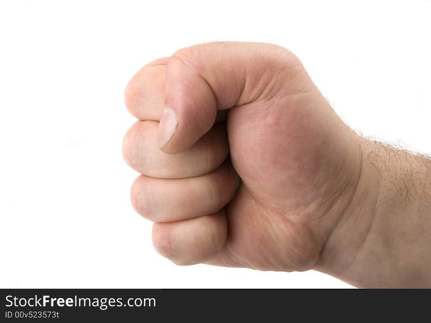 Mans fist isolated on the white background. Two light source.