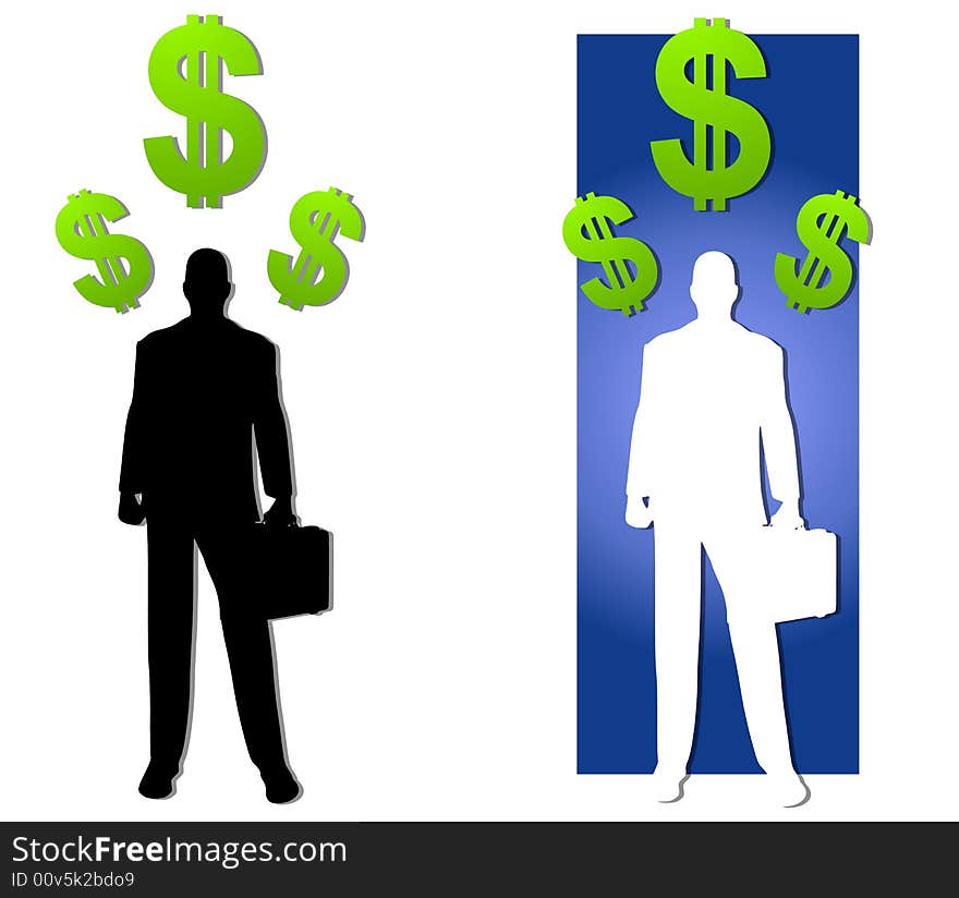 An illustration featuring your choice of 2 silhouettes of businessmen standing with dollar signs. An illustration featuring your choice of 2 silhouettes of businessmen standing with dollar signs