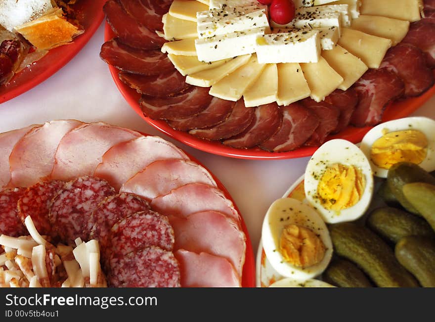 Meat, sausage, cheese and eggs dishes. Meat, sausage, cheese and eggs dishes