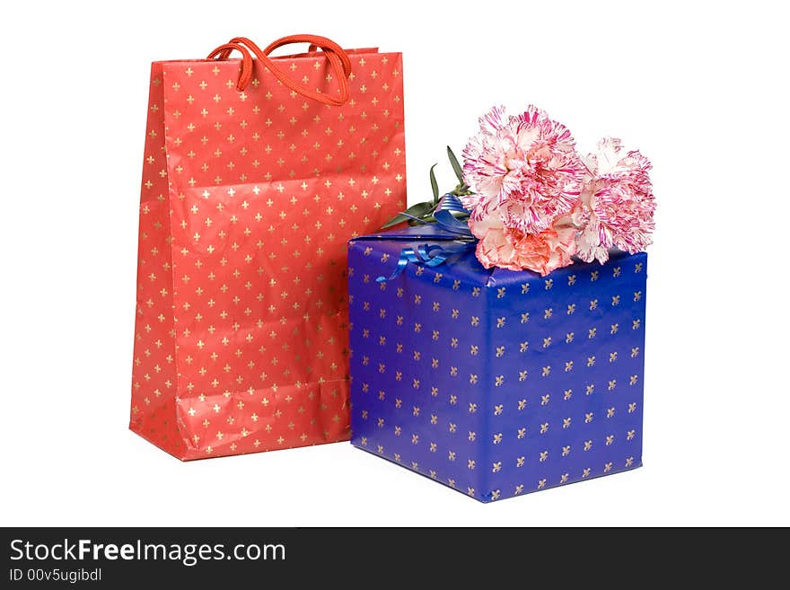 Gifts and flowers on a white background