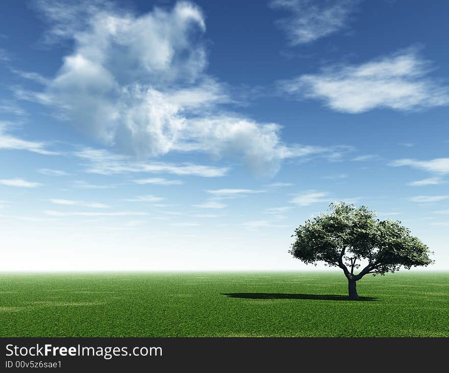 Alone tree and beautiful sky with clouds - 3d landscape scene. Alone tree and beautiful sky with clouds - 3d landscape scene.