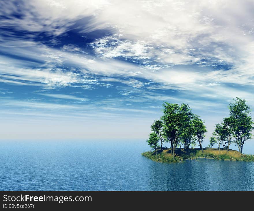 Birch trees on small lake island - 3d illustration. Birch trees on small lake island - 3d illustration