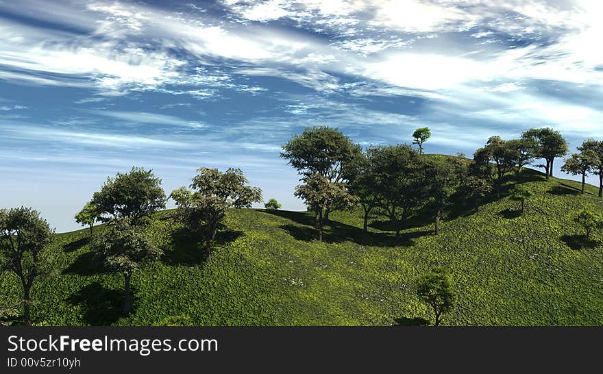 Green hills and beautiful sky with clouds - 3d scene