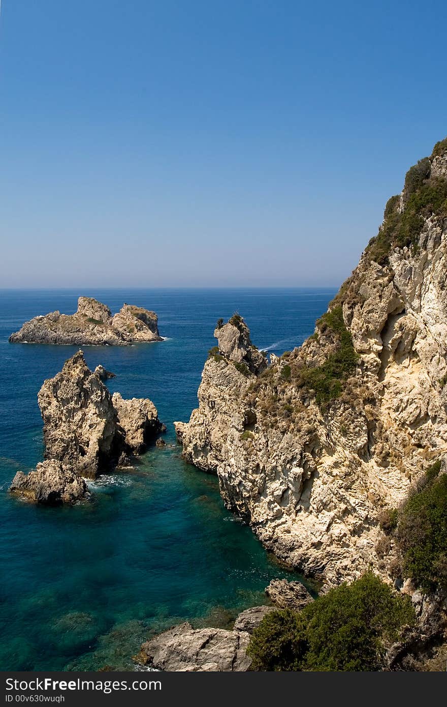 Rock shore and crystal clear blue waters