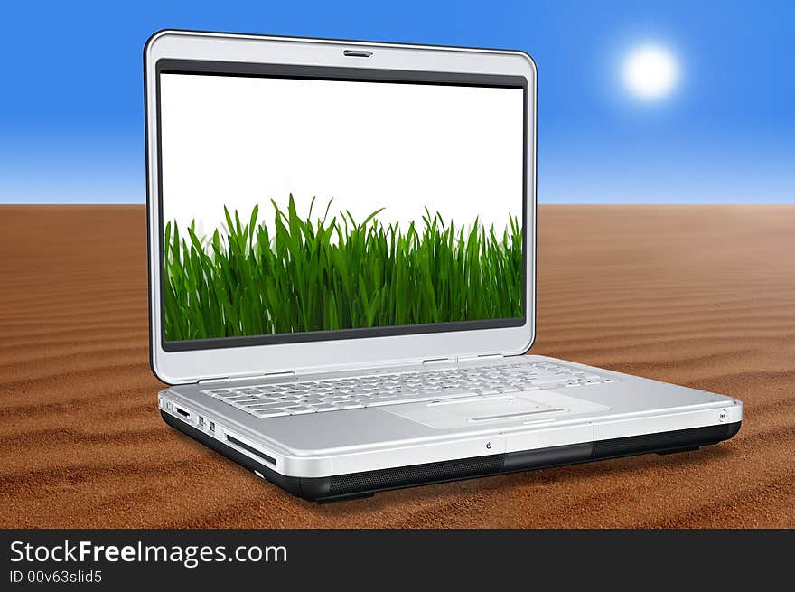 Laptop Computer with green grass on screen in the Desert