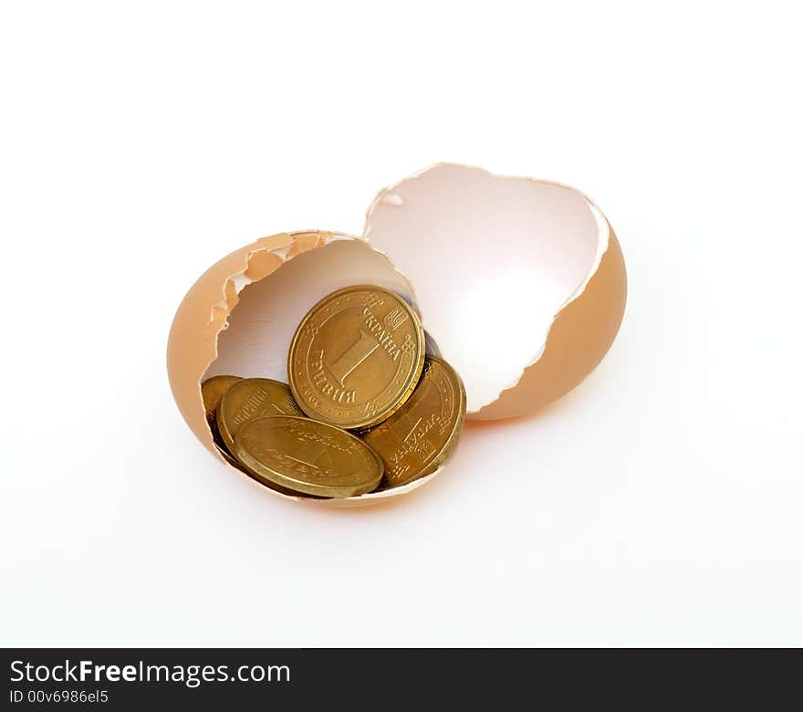 Coins lie in an egg-shell on white background. Coins lie in an egg-shell on white background