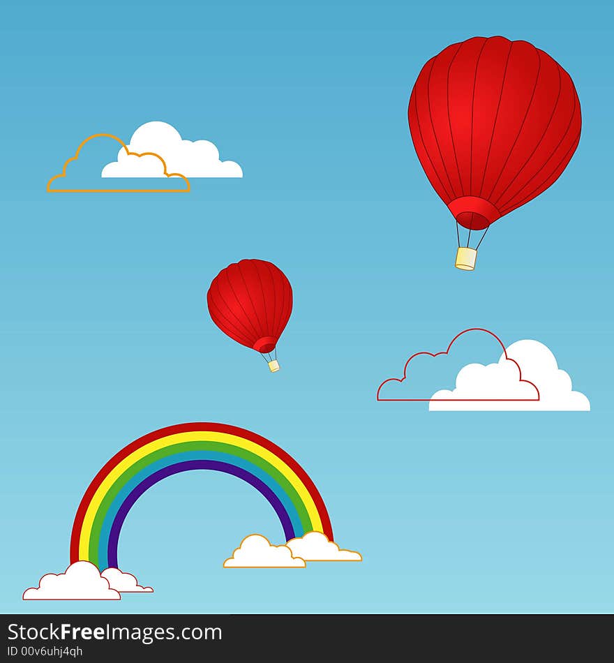 Soaring airballoons clouds and rainbow