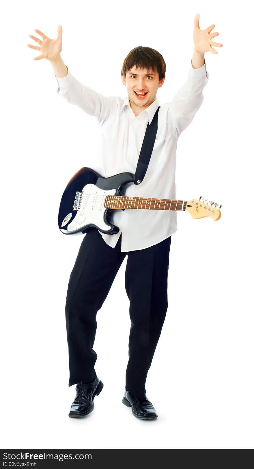 Young man with guitar over white