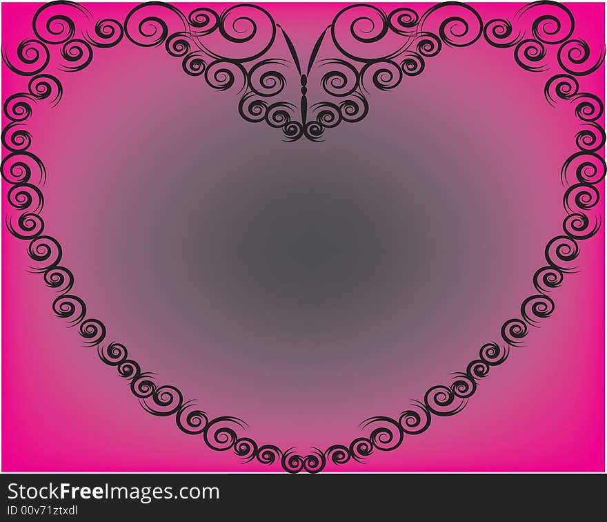 Black scrolls in the shape of a heart against pink background. Black scrolls in the shape of a heart against pink background