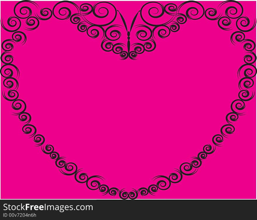 Black spirals in the shape of a heart against pink background. Black spirals in the shape of a heart against pink background