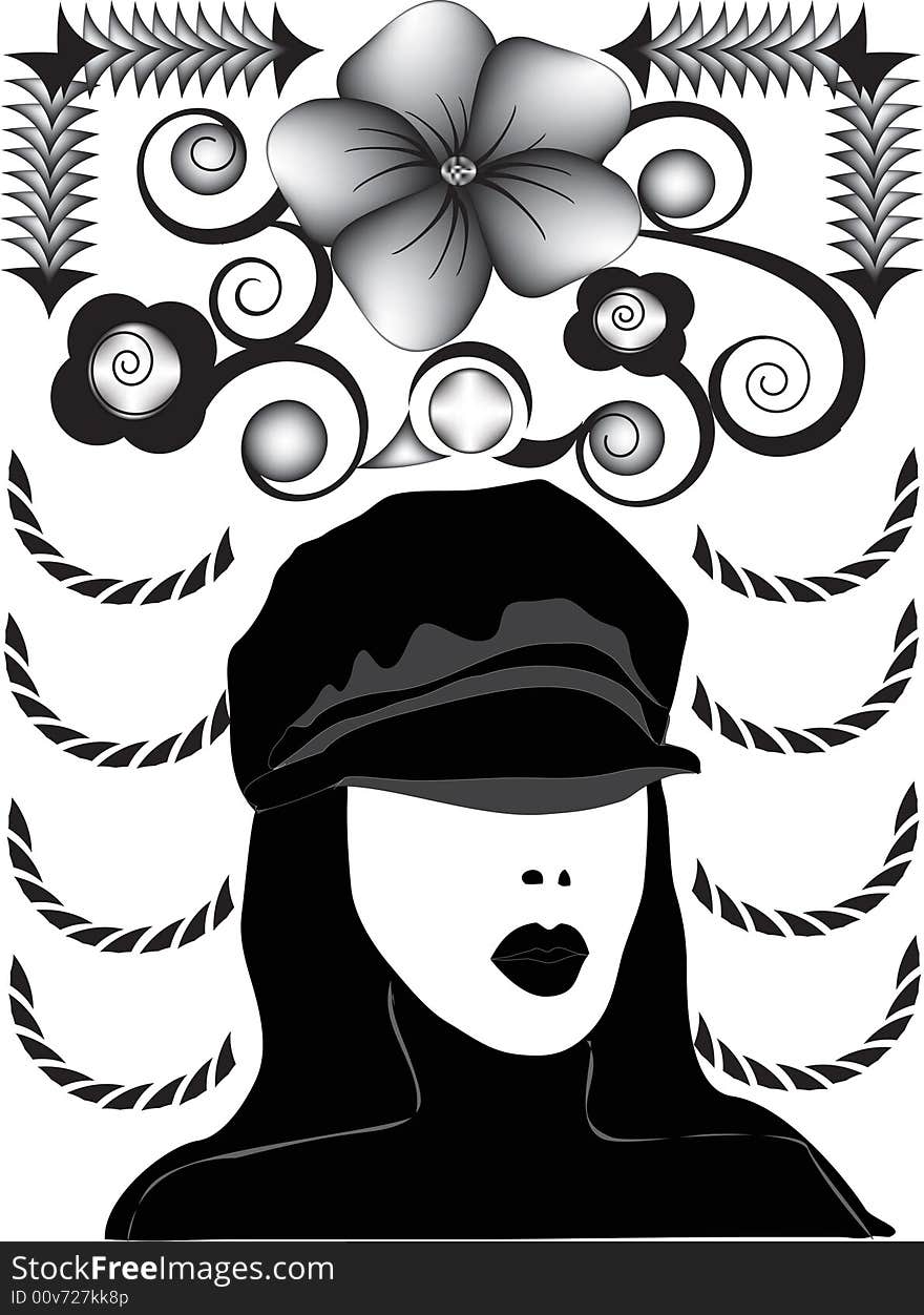 Black and white frame of woman head wearing a hat. Black and white frame of woman head wearing a hat