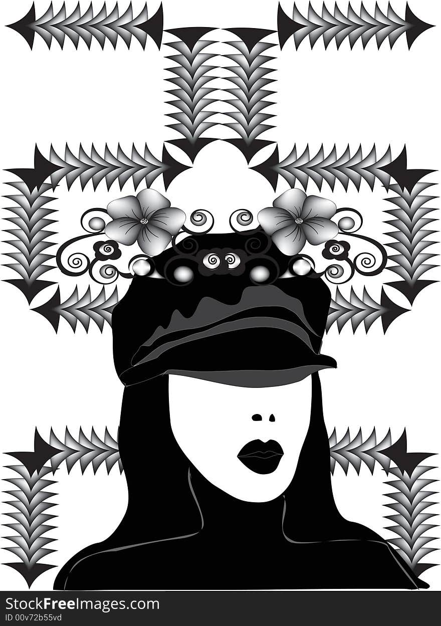 Black and white frame of lady's head wearing a hat. Black and white frame of lady's head wearing a hat