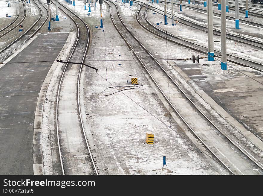 Ways on railroad station, winter, snow. Ways on railroad station, winter, snow.