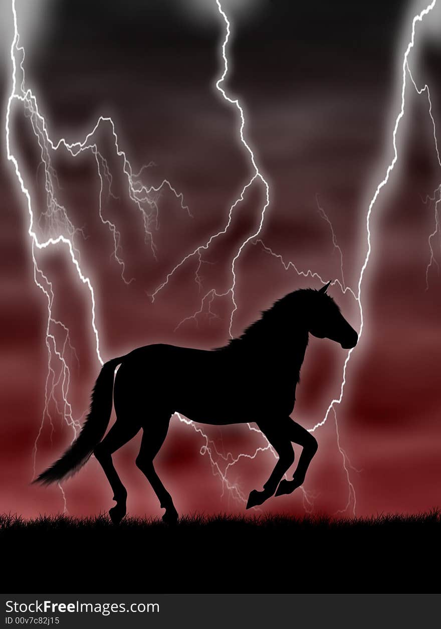 Black horse silhouette running in the storm. Black horse silhouette running in the storm