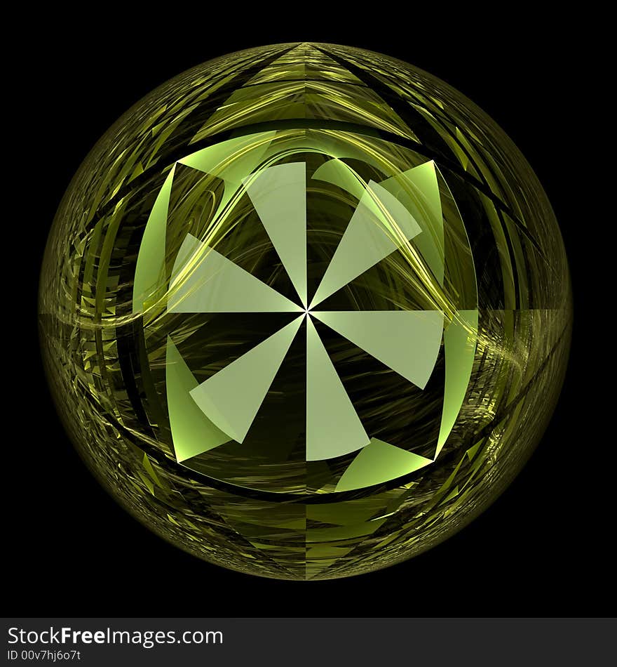 Abstract fractal image resembling a pinwheel floating in an irridescent glass orb. Abstract fractal image resembling a pinwheel floating in an irridescent glass orb