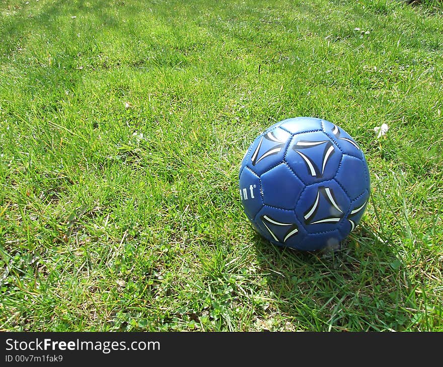 Blue football ball on the green grass