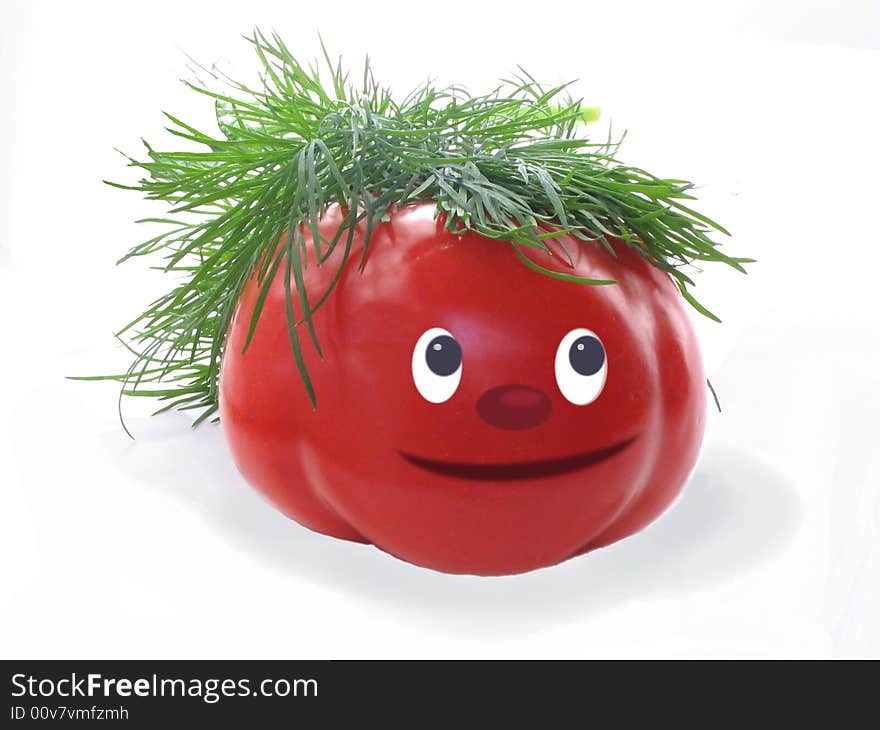 Cheerful, red tomato with hair from green fennel on a white background. Cheerful, red tomato with hair from green fennel on a white background.