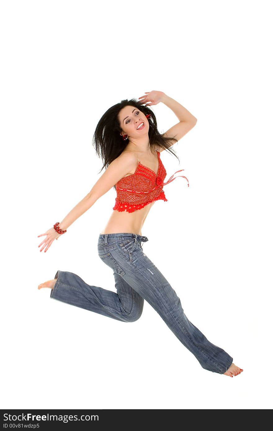 Picture of happy woman over white background