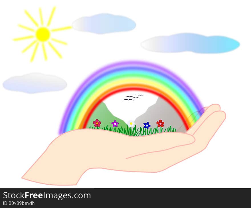 Rainbow, mountains, grass, flowers on a hand, sun and clouds. Rainbow, mountains, grass, flowers on a hand, sun and clouds