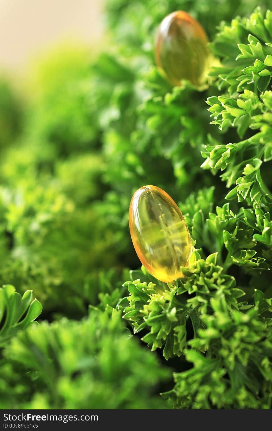 Close up of parsley with vitamin pills