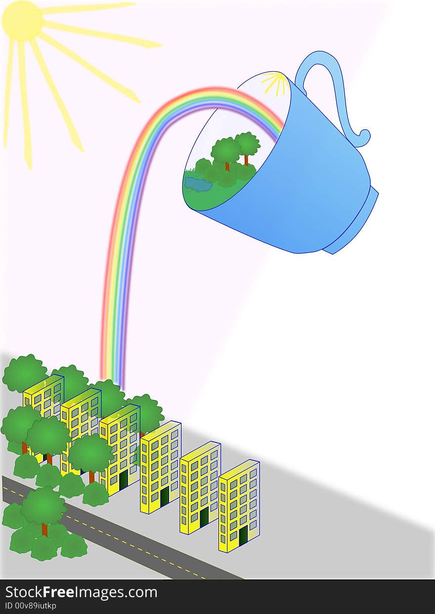 A cup with rainbow, trees, lake, bushes watering a city. A cup with rainbow, trees, lake, bushes watering a city