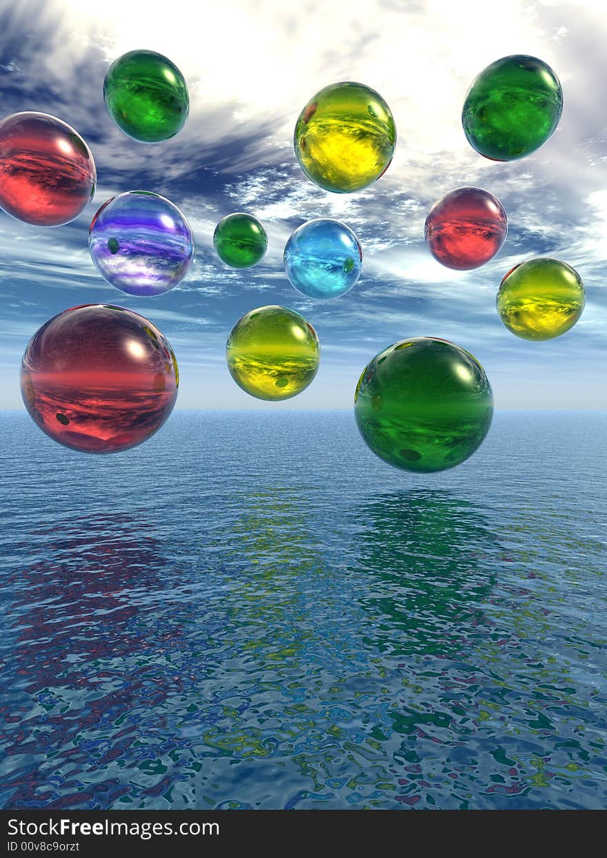 Multicolor rising balls from sea surface - 3d illustration.