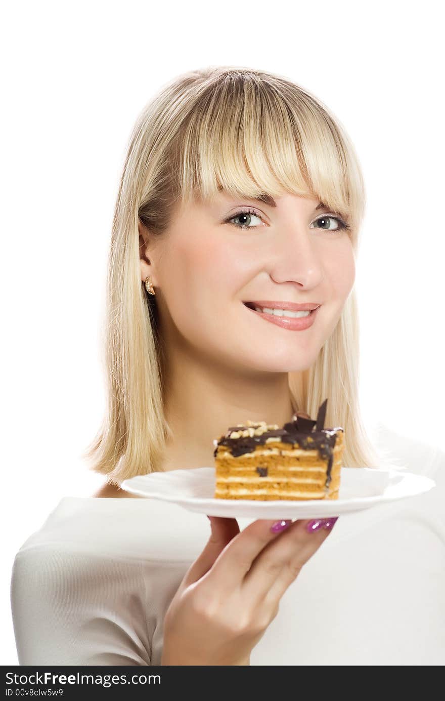 Beautiful young woman with chocolate cake isolated on white background
