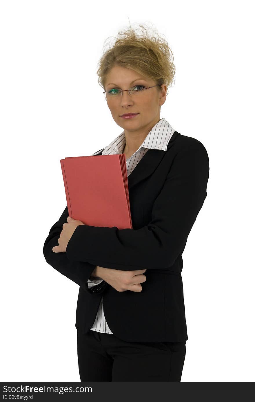 Business woman with red kit in office. Business woman with red kit in office.