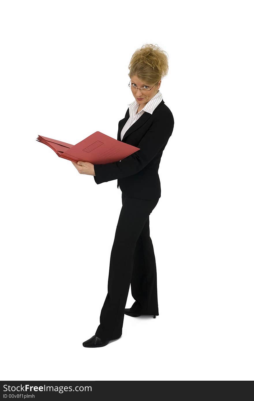 Business woman with red kit in office. Business woman with red kit in office.