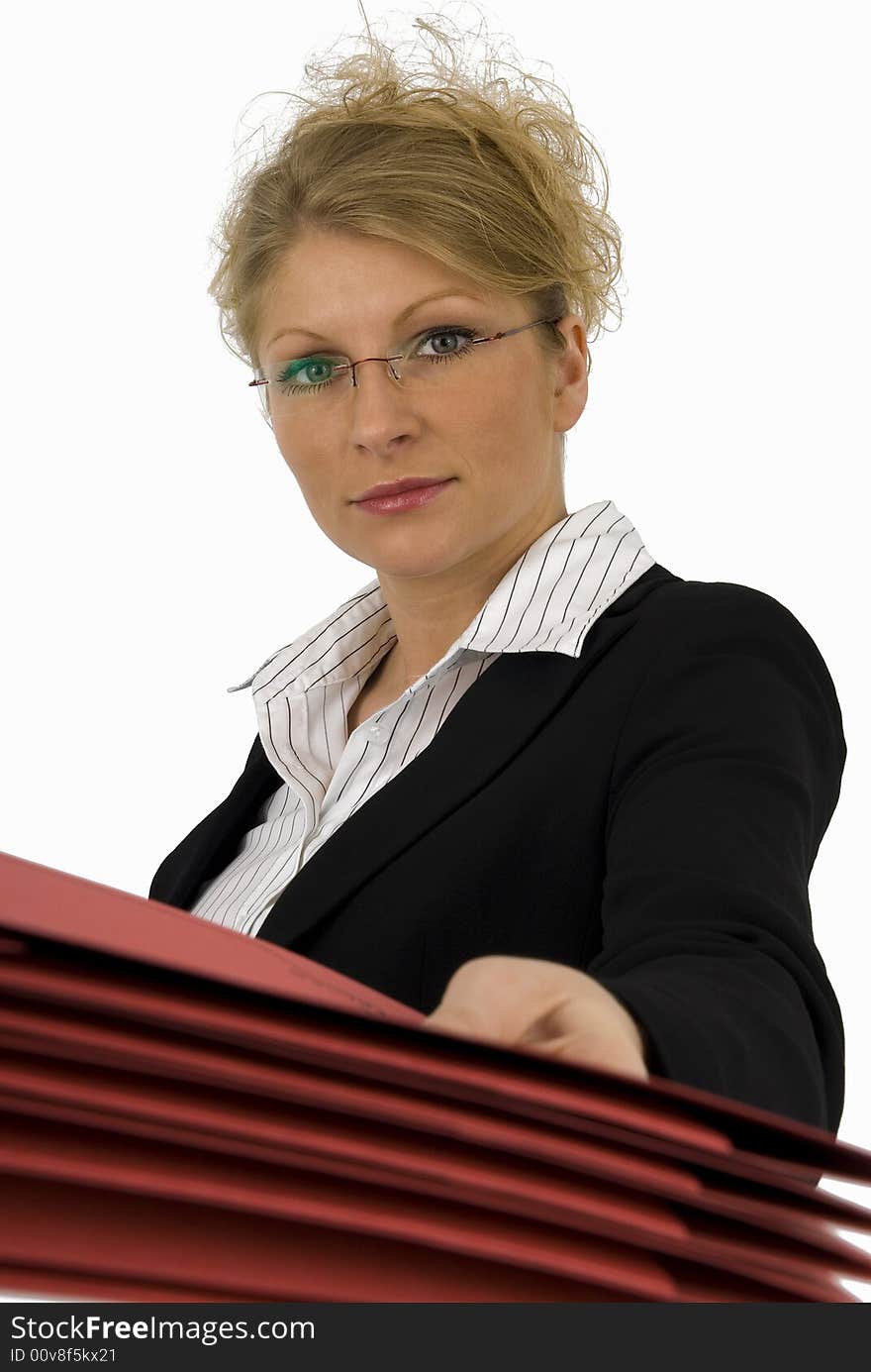 Business woman with red kit in office. Business woman with red kit in office.