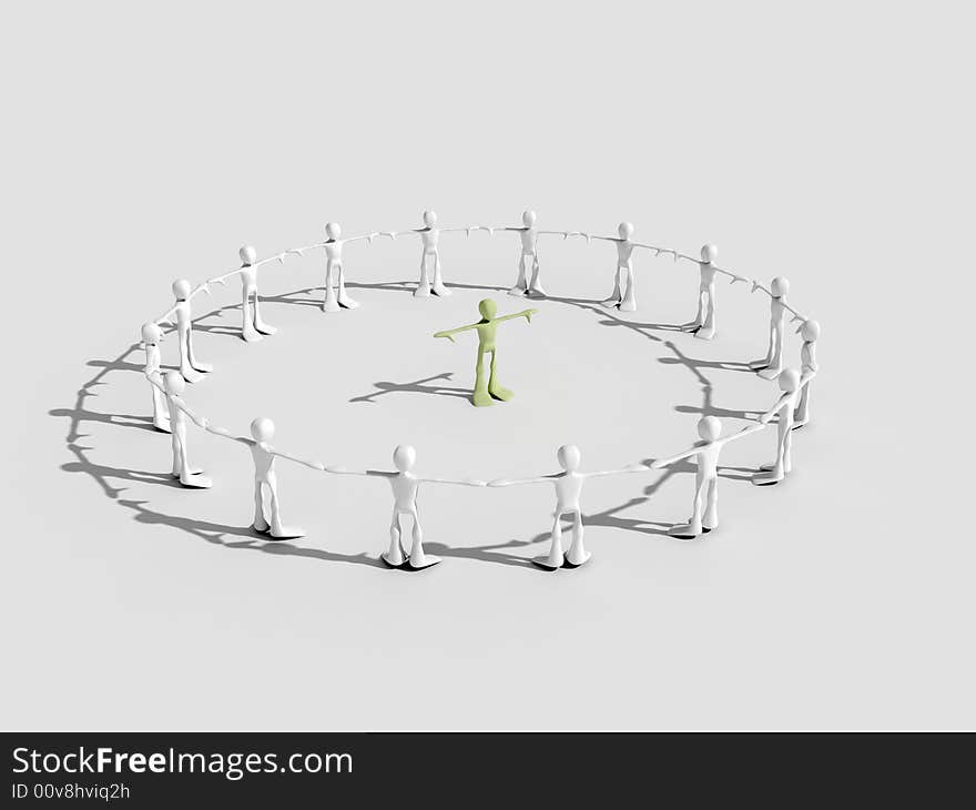 Isolated 3d man surrownded by a circle of men