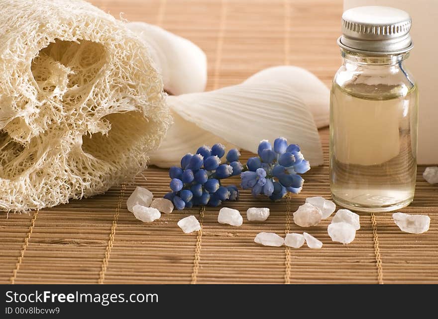 Aromatherapy items. oil, salt, loofa, candles, shell, flowers. spa