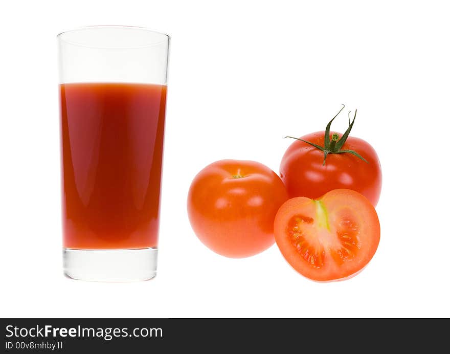 Glass of fresh tomato juice isolated on a white background