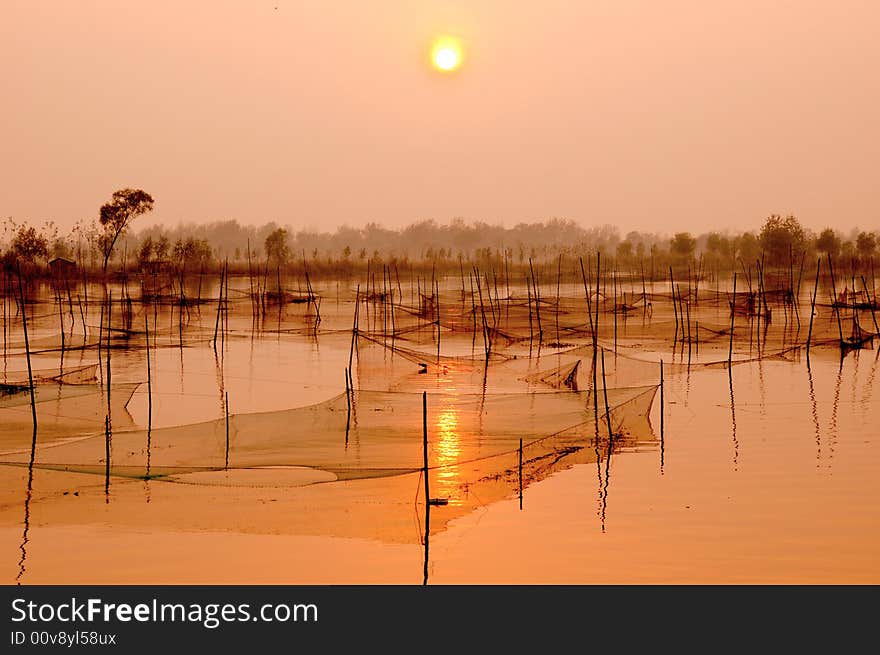 Sunset in the Weishan Lake of Shandong Province,China