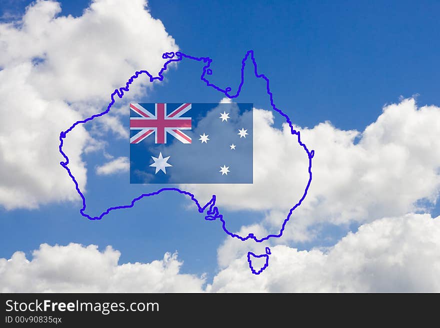 Contour Map And Flag Of Australia With Sky As Back