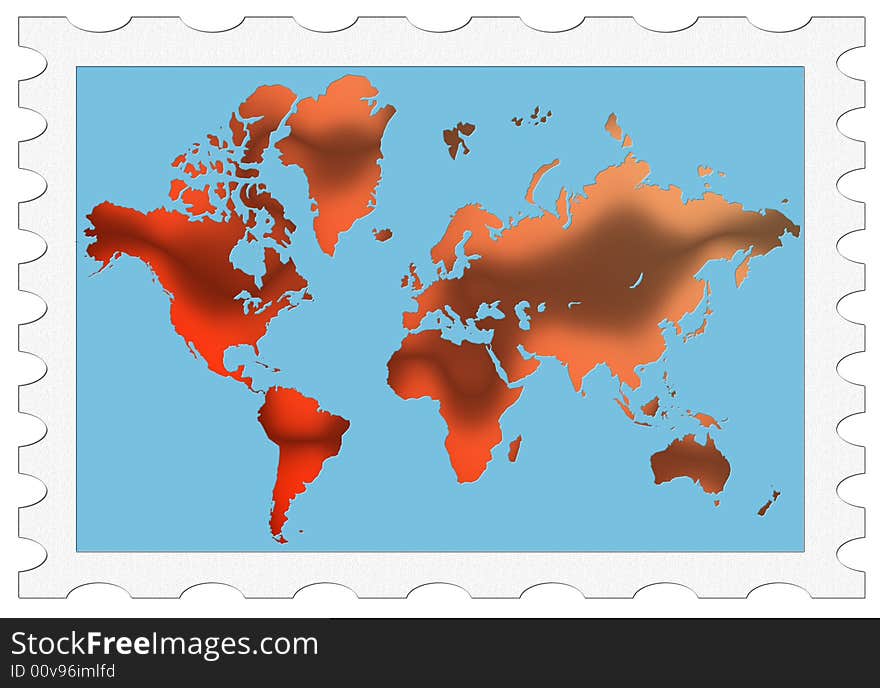 Digital Art World Map Stamp with Red Gradient 3D. Digital Art World Map Stamp with Red Gradient 3D