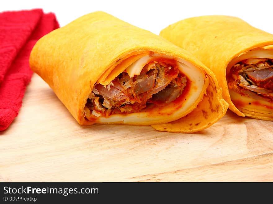 Pulled Pork and Provolone Wrap and spicy bbq sauce.