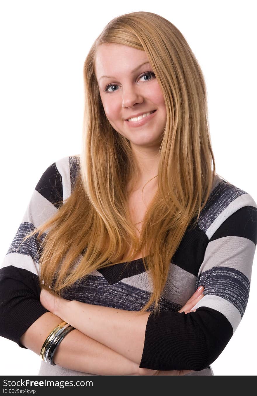 A smiling blonde isolated on white background.