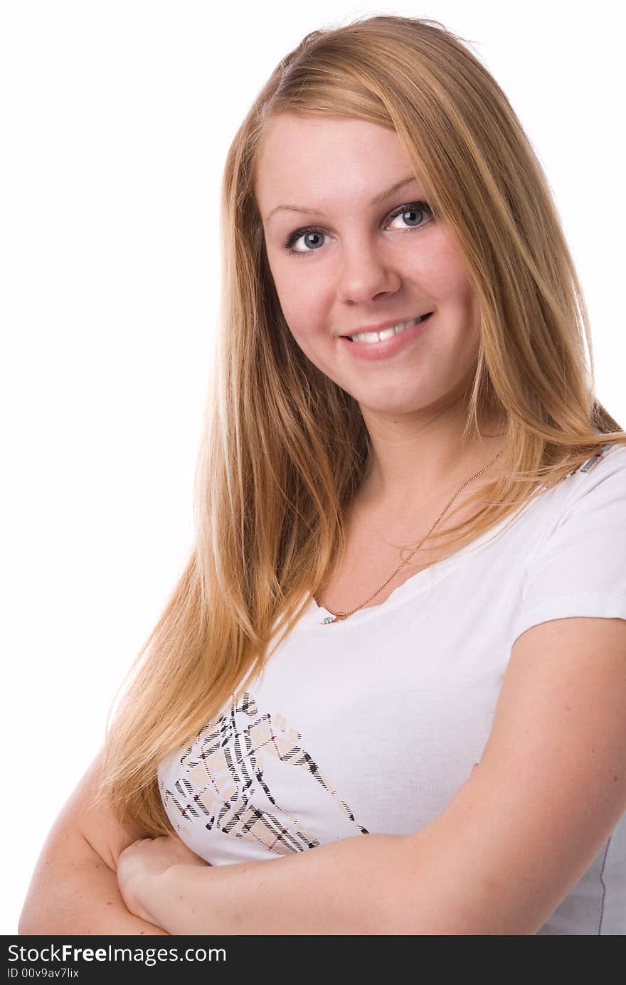 A smiling blonde isolated on white background.