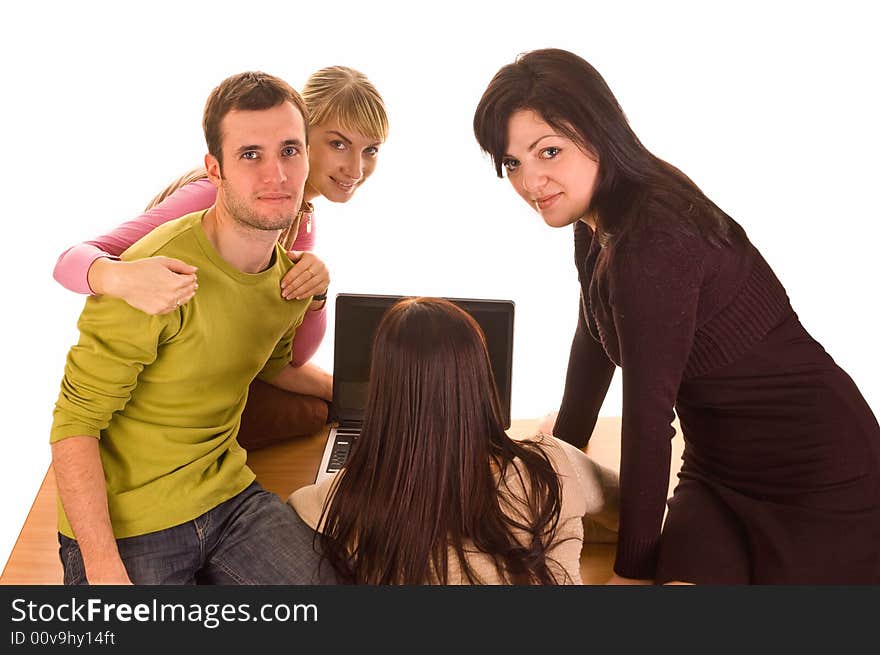 Group of students with laptop on white background