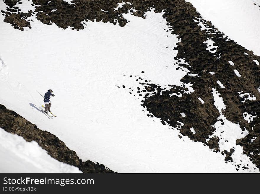 Ski freeride in high mountains, sky, winter