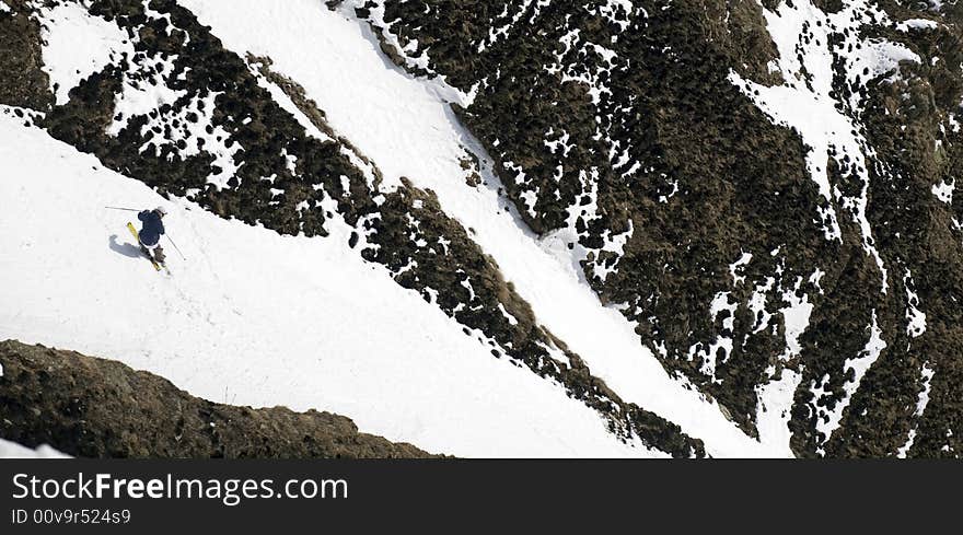 Ski freeride in high mountains, sky, winter