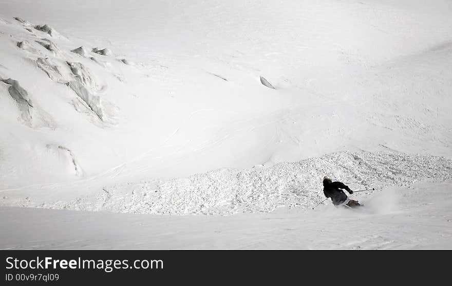 Ski freeride in high mountains, sky, winter