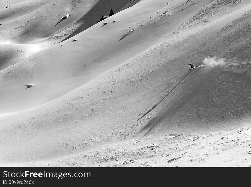 Ski freeride in high mountains, sky, winter