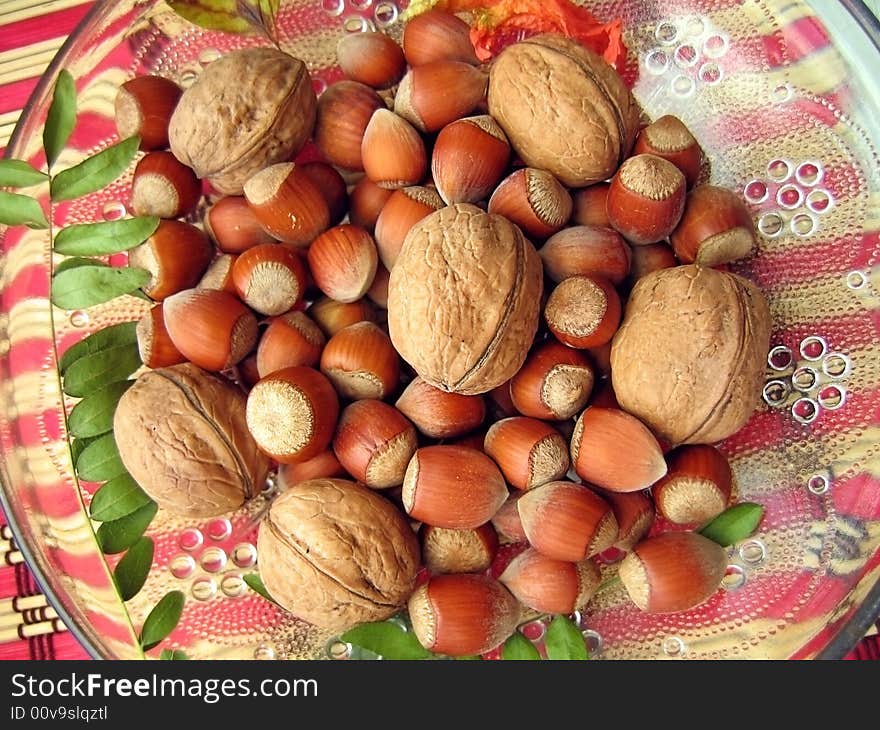 Hazelnuts, walnuts assorted on the plate. Hazelnuts, walnuts assorted on the plate